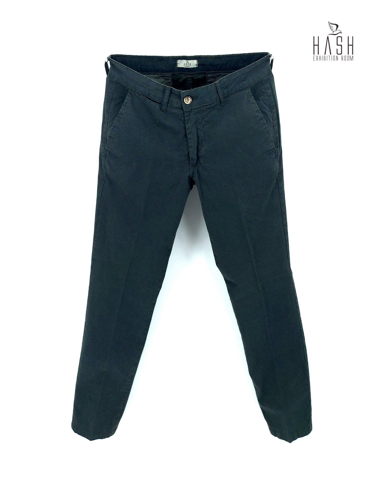 Pantalone Verde Modello Chinos in Cotone Microfantasia Geometrica Blu