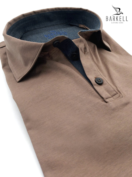 Polo con Collo Camicia in Filo di Scozia Color Nocciola