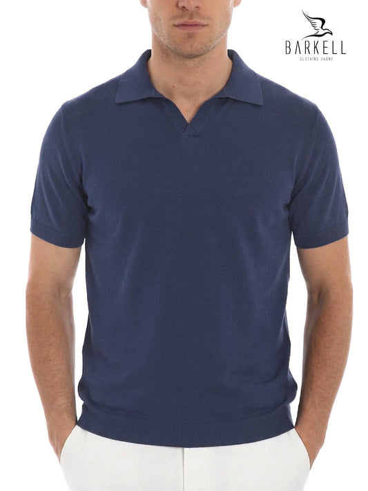 Polo in Maglia Mezza Manica Collo Derby in Puro Cotone Leggero Color Avio