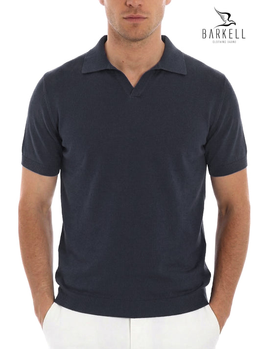 Polo in Maglia Mezza Manica Collo Derby in Puro Cotone Leggero Color Blu