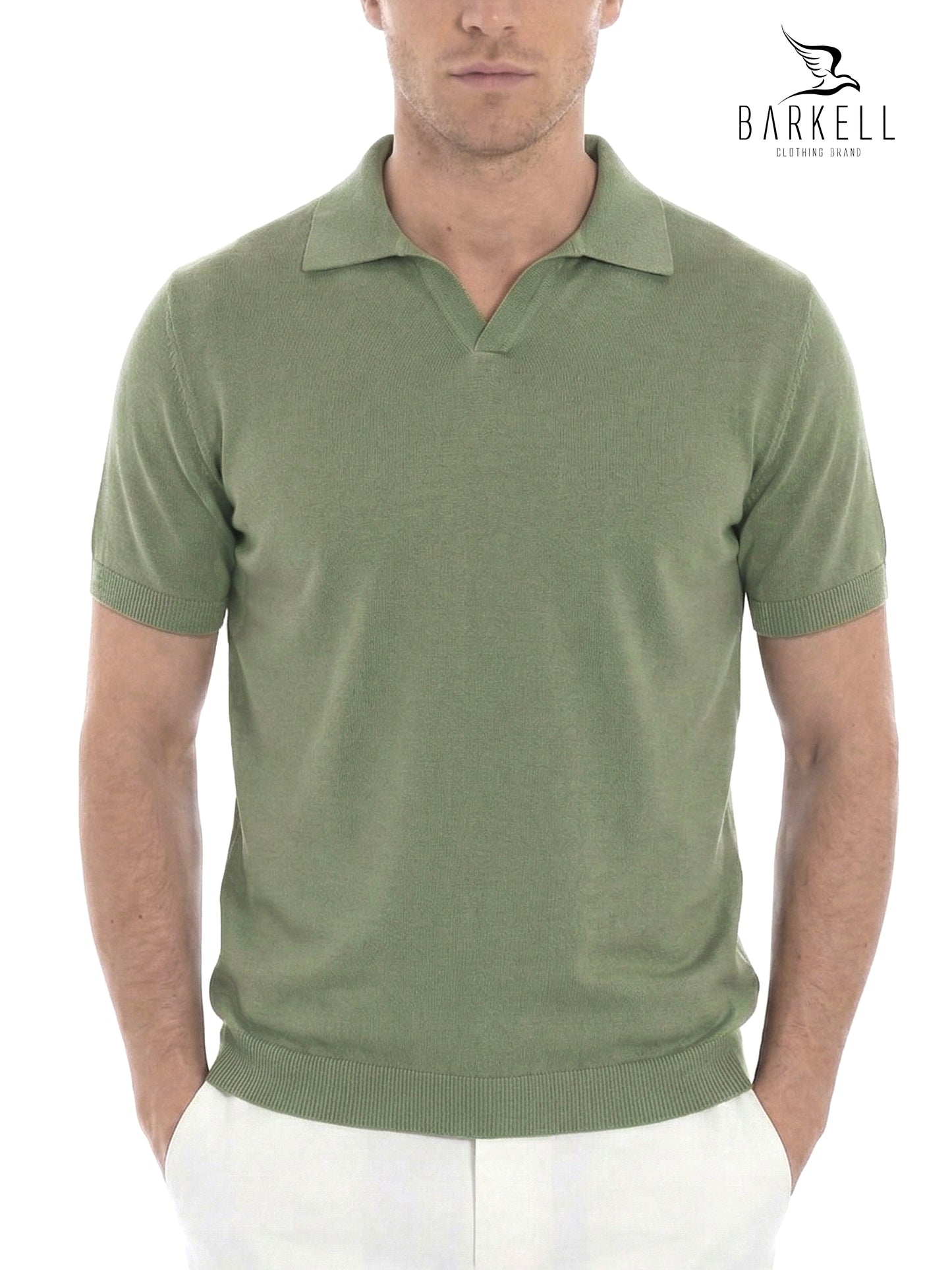 Polo in Maglia Mezza Manica Collo Derby in Puro Cotone Leggero Color Verde Oliva
