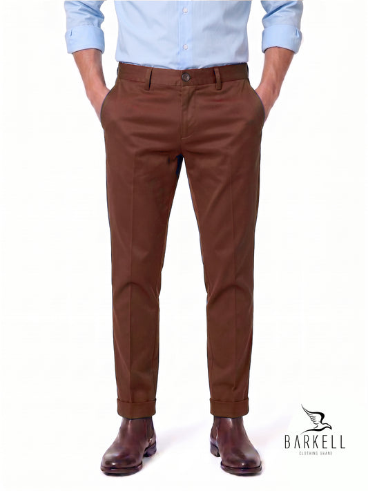 Pantalone Marrone Bruciato Modello Chinos in Cotone Raso