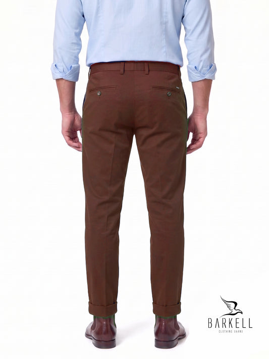 Pantalone Marrone Bruciato Modello Chinos in Cotone Raso