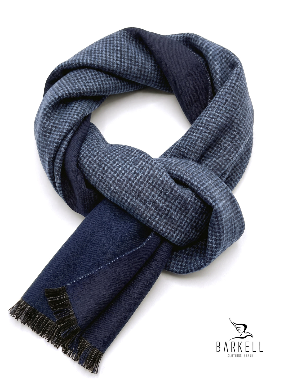 Sciarpa in Poliviscosa Effetto Lana Fantasia Jacquard Pied de Poule Fondo Blu