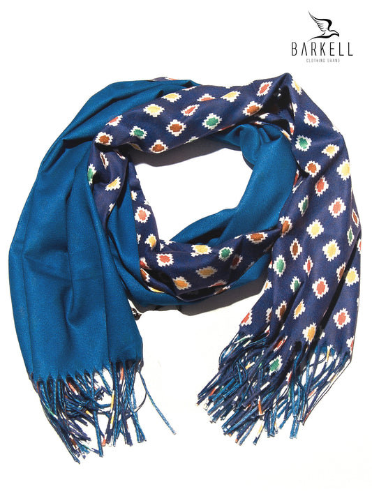 Sciarpa in Lana e 15% di Cashmere di Alta Qualità Fantasia Geometrica fondo Blu