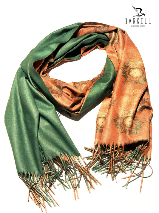 Sciarpa in Lana e 15% di Cashmere di Alta Qualità Fantasia Floreale fondo Arancio e Verde