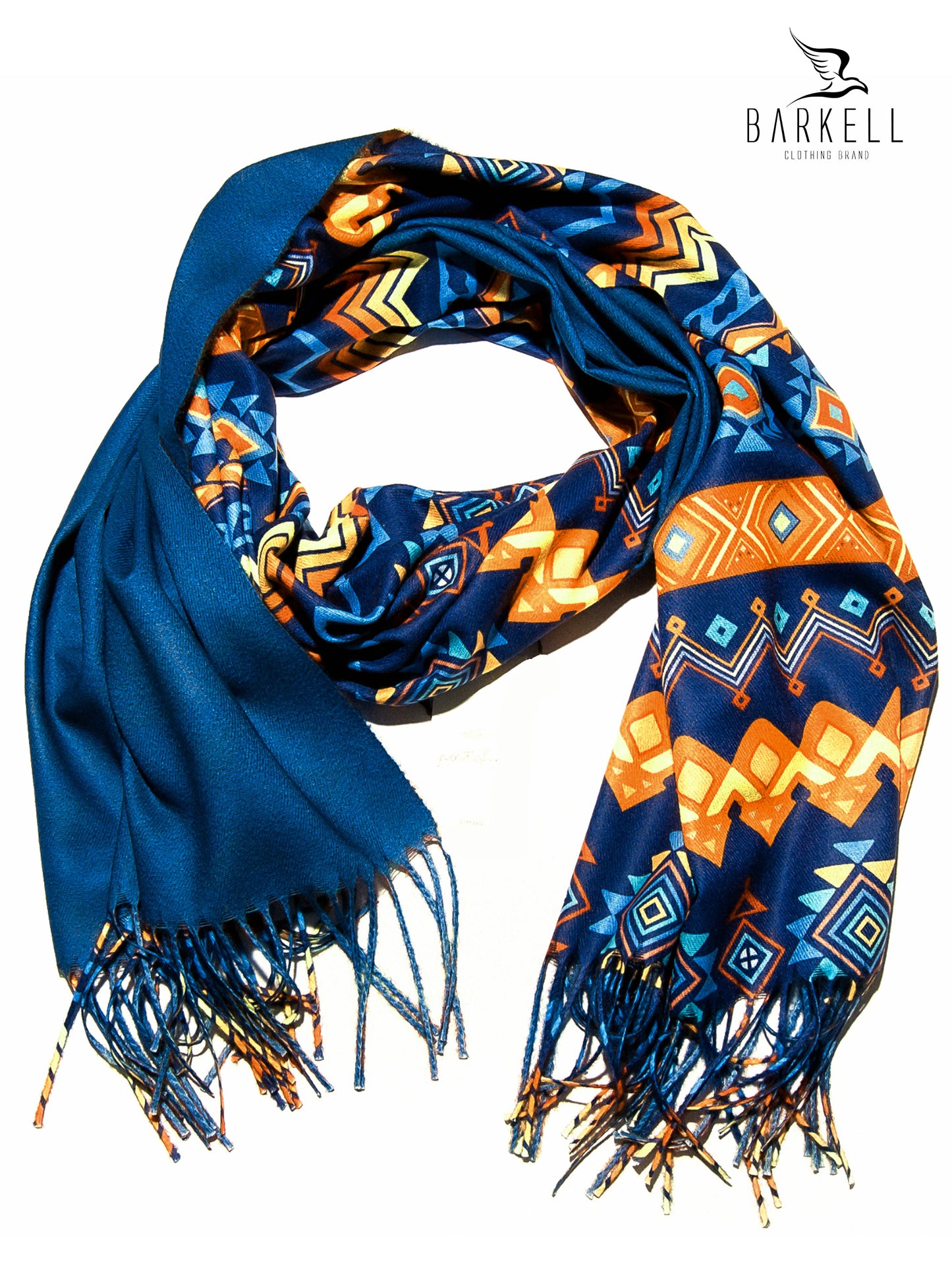 Sciarpa in Lana e 15% di Cashmere di Alta Qualità Fantasia Geometrica fondo Blu