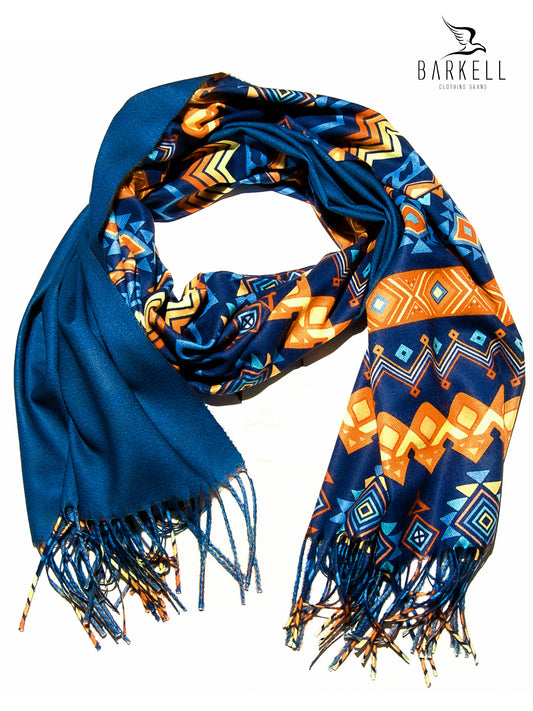Sciarpa in Lana e 15% di Cashmere di Alta Qualità Fantasia Geometrica fondo Blu