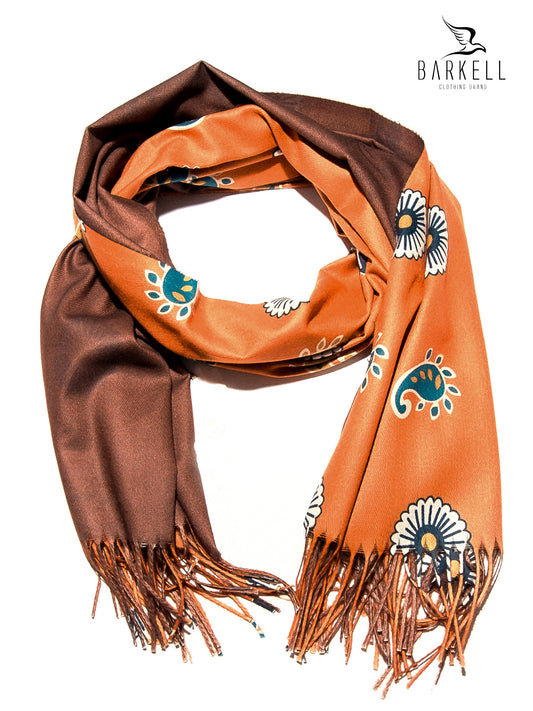 Sciarpa in Lana e 15% di Cashmere di Alta Qualità Fantasia Floreale fondo Arancio e Marrone