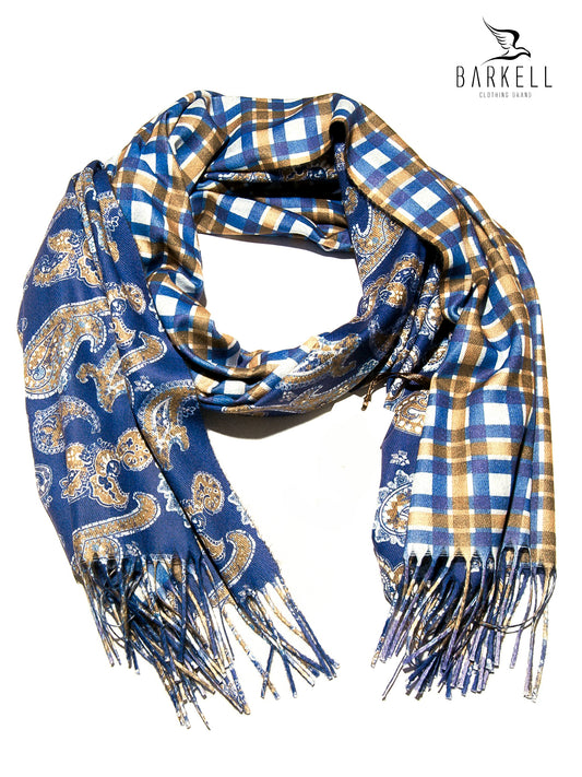 Sciarpa in Lana e 15% di Cashmere di Alta Qualità Fantasia Cashmere e Quadri fondo Indaco