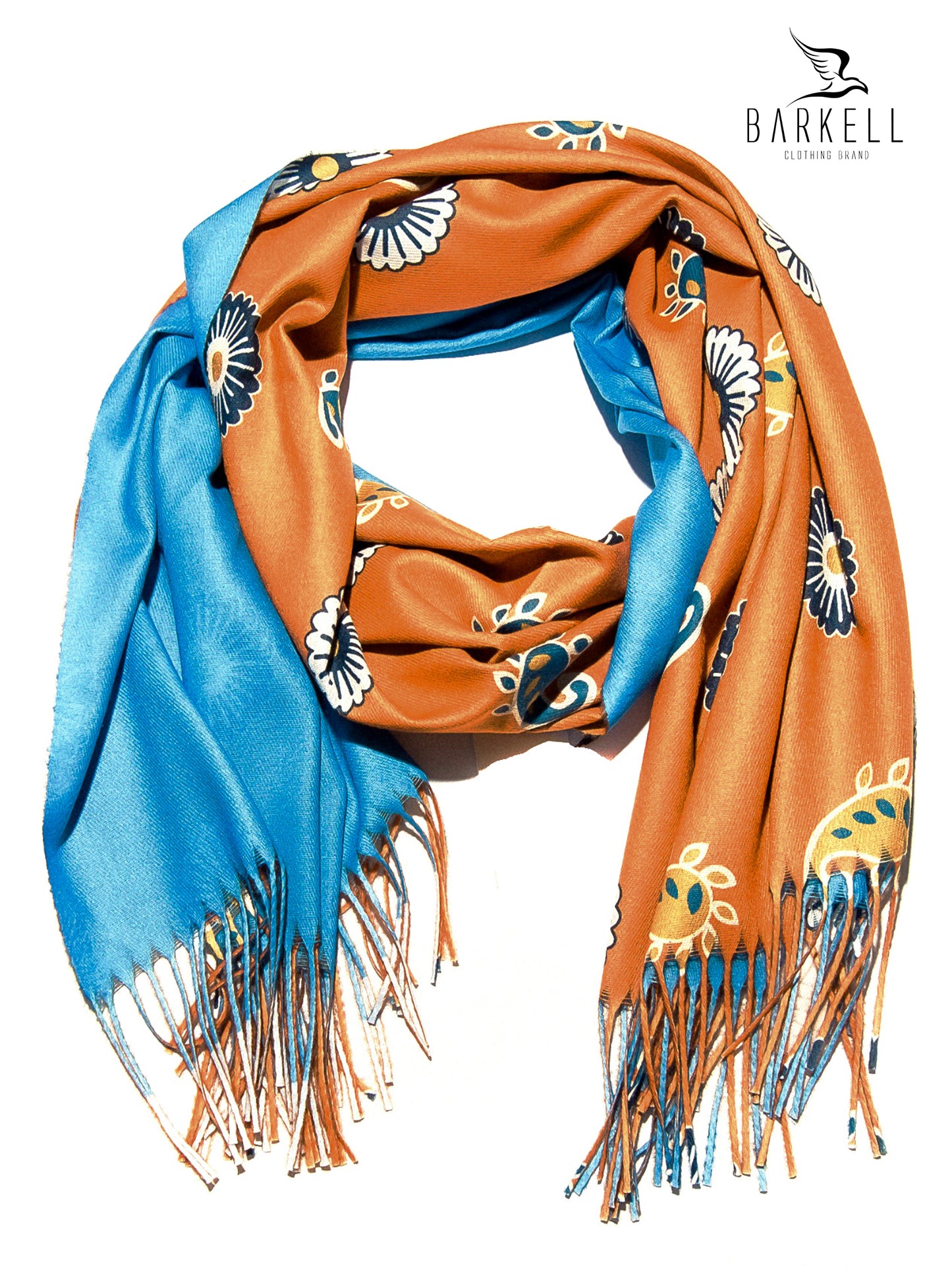 Sciarpa in Lana e 15% di Cashmere di Alta Qualità Fantasia Floreale fondo Arancio e Azzurro