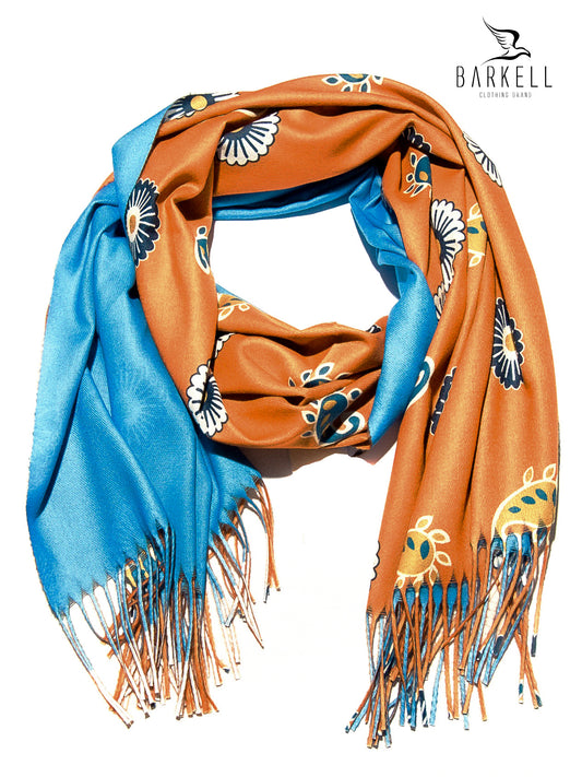 Sciarpa in Lana e 15% di Cashmere di Alta Qualità Fantasia Floreale fondo Arancio e Azzurro