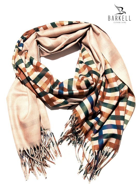 Sciarpa in Lana e 15% di Cashmere di Alta Qualità Fantasia Scozzese fondo Beige