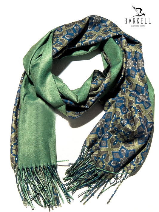 Sciarpa in Lana e 15% di Cashmere di Alta Qualità Fantasia Floreale fondo Verde