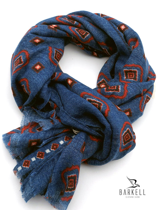 Sciarpa in Poliviscosa Fantasia Geometrica Fondo Blu Denim