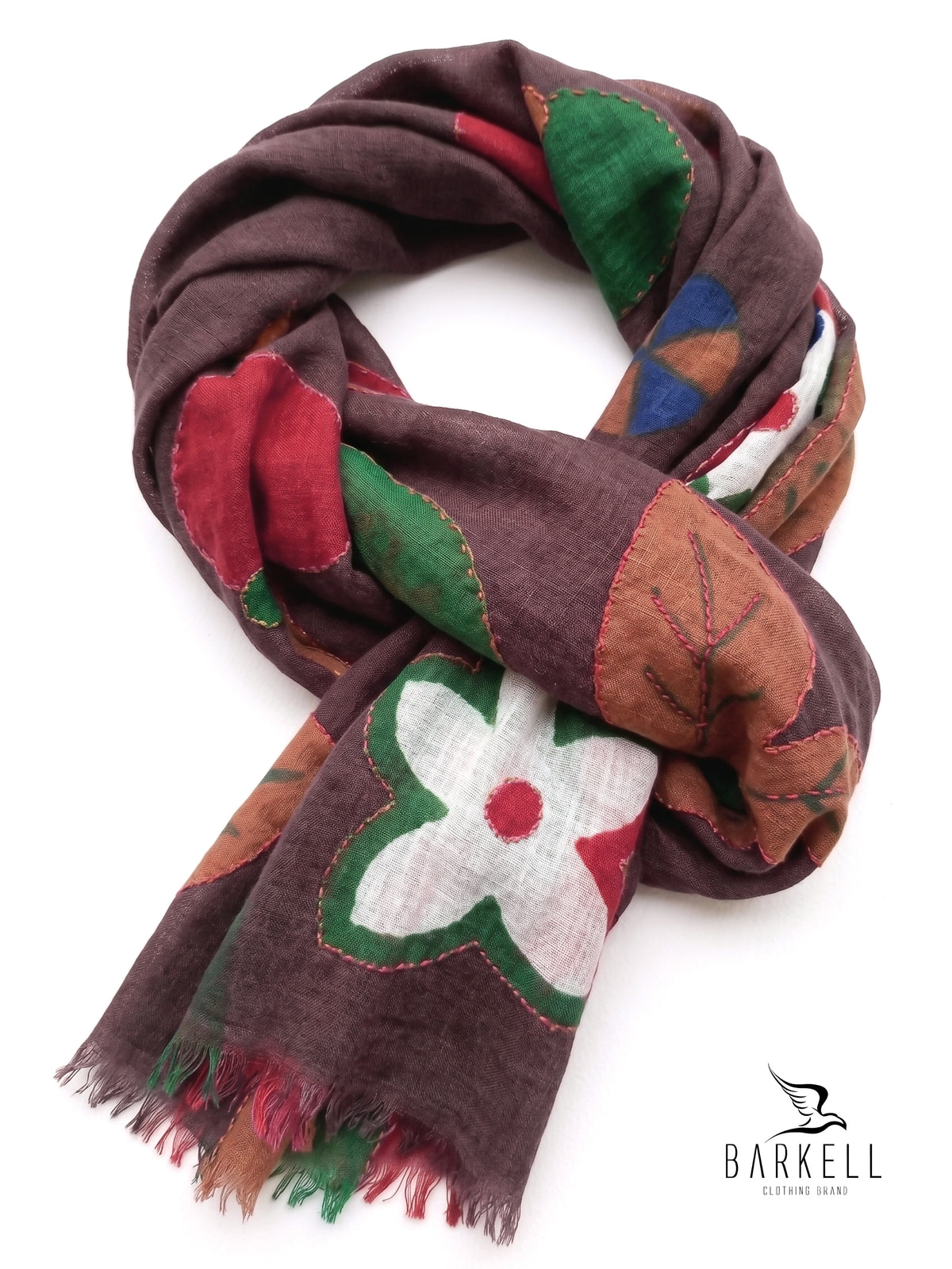Scarf in High Quality Pure Wool with Embroidered Floral Pattern on Cream Background