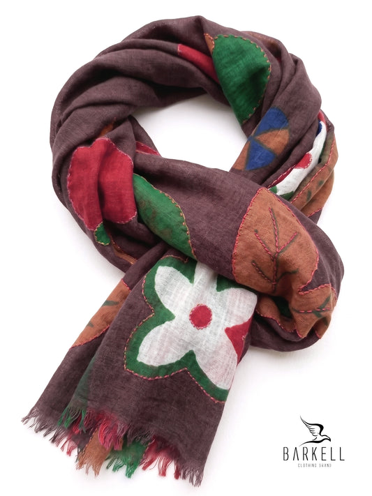 Scarf in High Quality Pure Wool with Floral Pattern with Embroidery on Brown Background