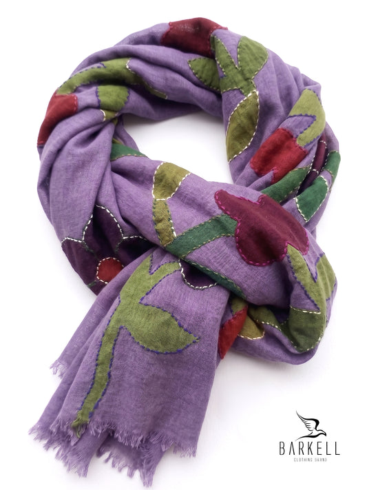 Scarf in High Quality Pure Wool with Floral Pattern with Violet Background Embroidery