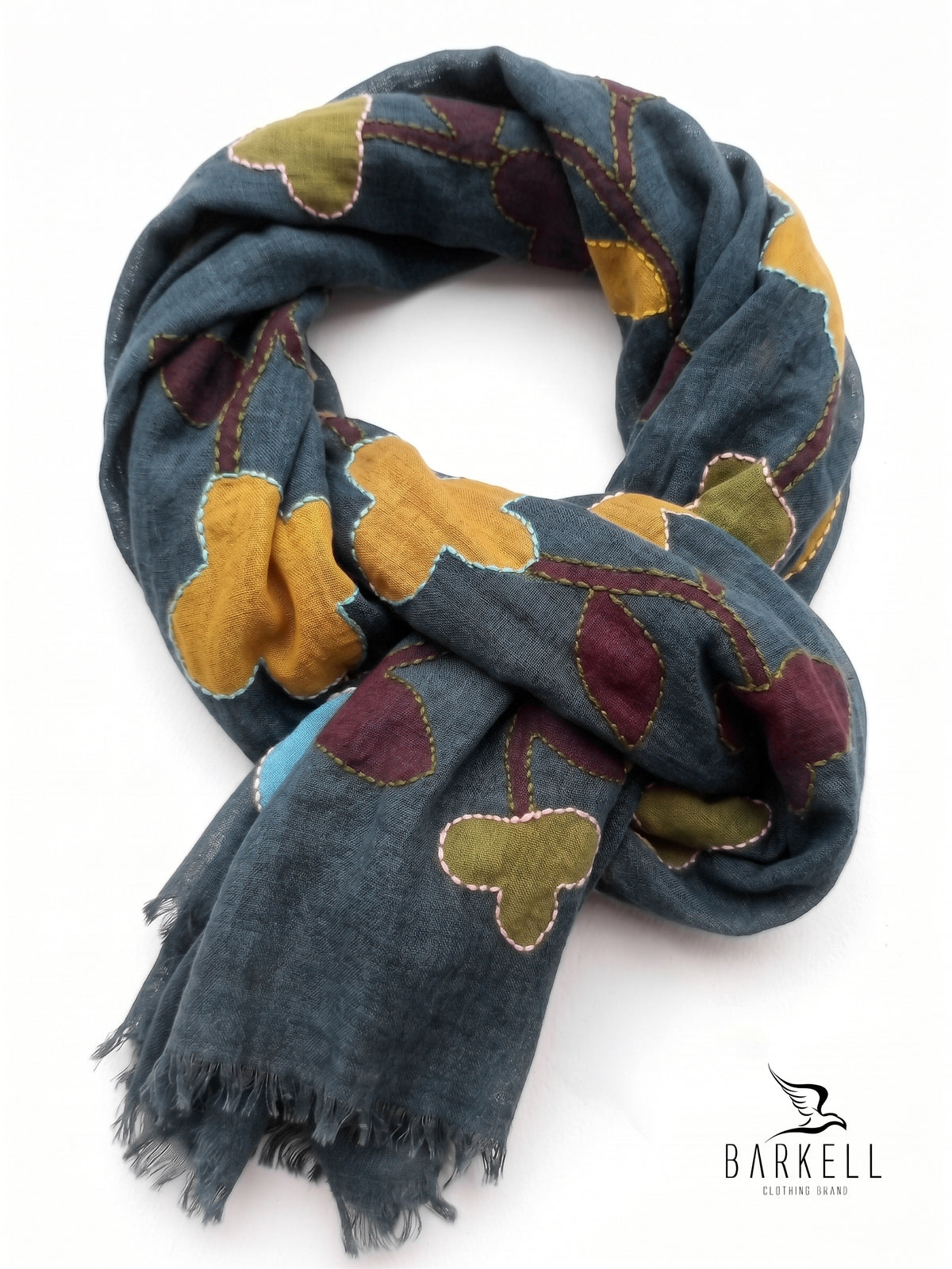 Scarf in High Quality Pure Wool with Embroidered Floral Pattern on Cream Background