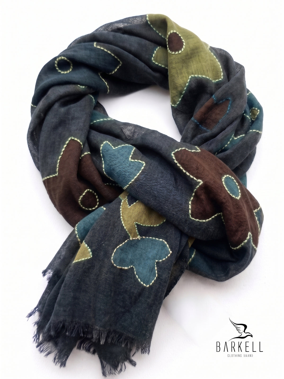 Écharpe en Pure Laine de Haute Qualité avec Motif Floral Brodé sur Fond Crème