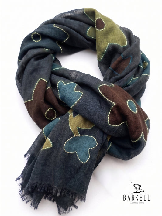 Scarf in High Quality Pure Wool with Floral Pattern with Embroidery on Gray Background