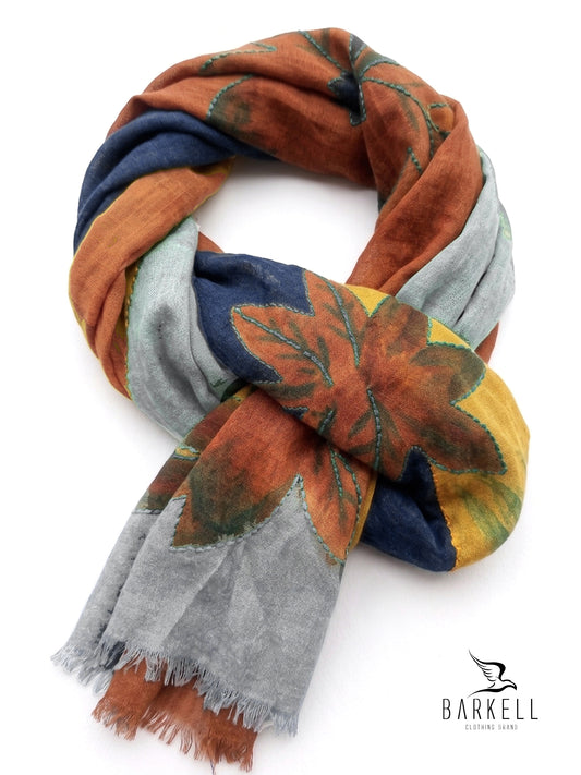 Scarf in High Quality Pure Wool with Floral Pattern with Multicolor Bottom Embroidery