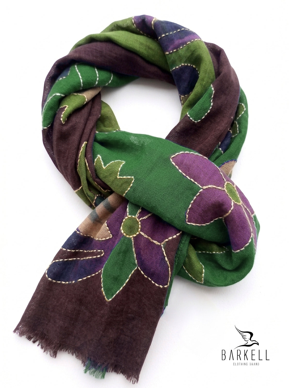 Scarf in High Quality Pure Wool with Embroidered Floral Pattern on Cream Background