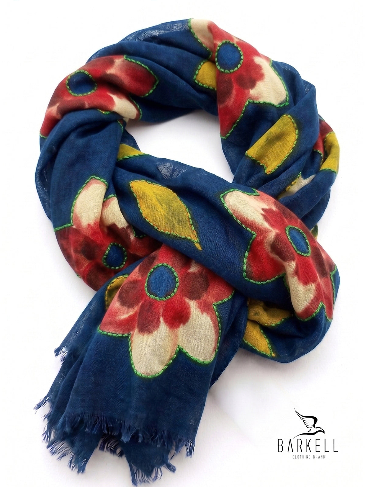 Scarf in High Quality Pure Wool with Embroidered Floral Pattern on Cream Background