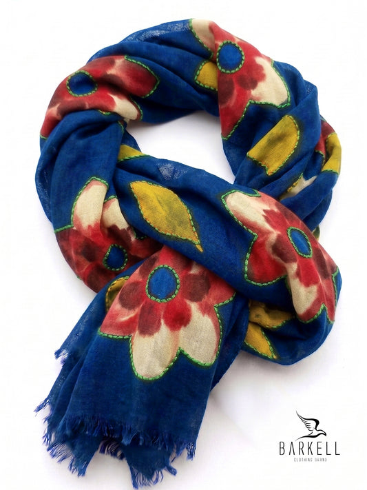 Scarf in High Quality Pure Wool with Floral Pattern with Blue Background Embroidery