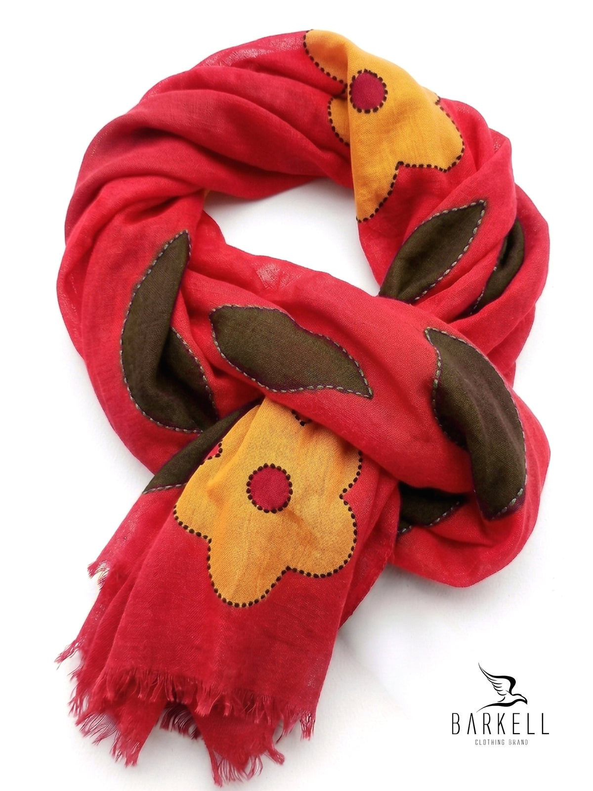 Scarf in High Quality Pure Wool with Embroidered Floral Pattern on Cream Background