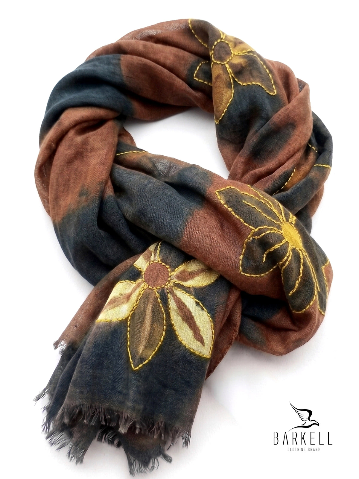 Scarf in High Quality Pure Wool with Embroidered Floral Pattern on Cream Background