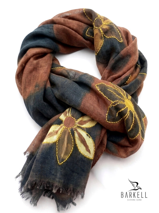 Scarf in High Quality Pure Wool with Floral Pattern with Anthracite Background Embroidery