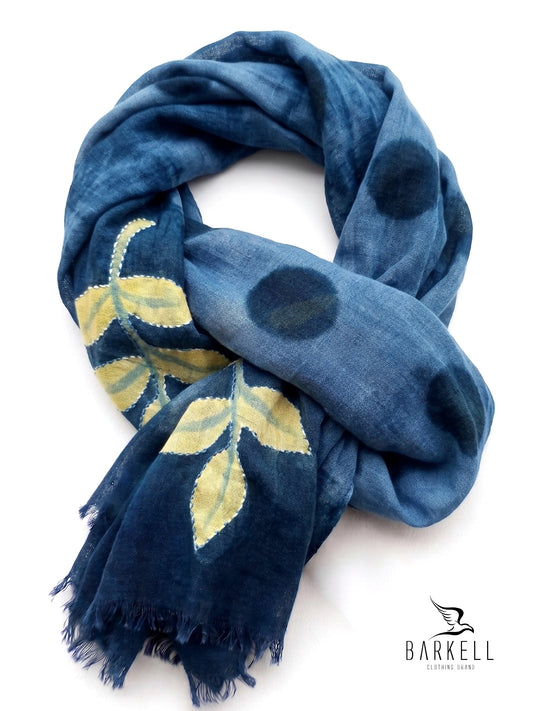 Scarf in High Quality Pure Wool with Floral Pattern with Embroidery on a Light Blue Background