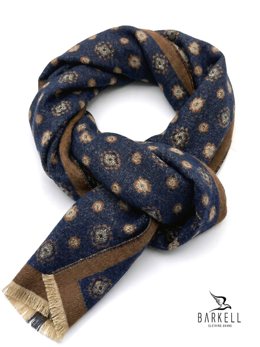 Sciarpa in Lana e Poliviscosa Fantasia Jacquard Geometrica Fondo Blu