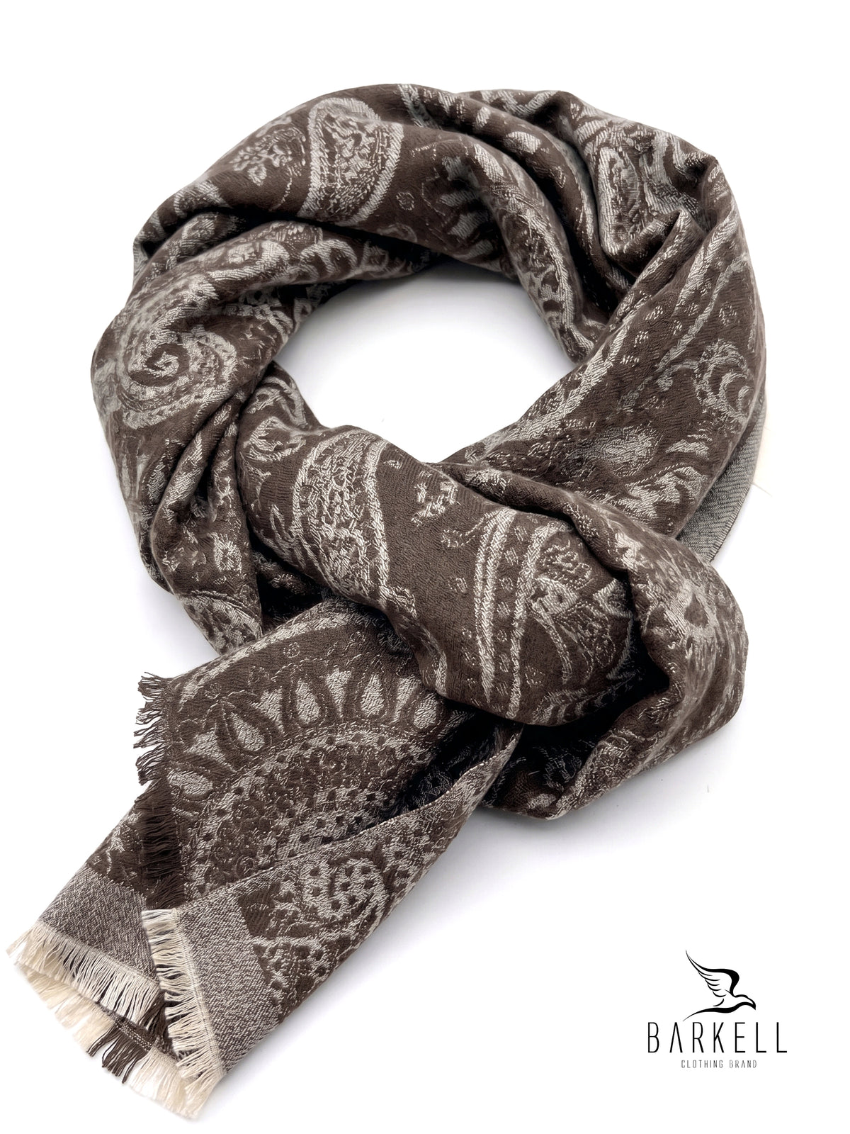 Scarf in Polyviscose Wool Effect with Jacquard Paisley Pattern on Brown Background