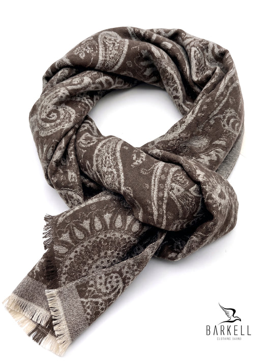 Sciarpa in Lana e Poliviscosa Fantasia Jacquard Paisley Fondo Marrone