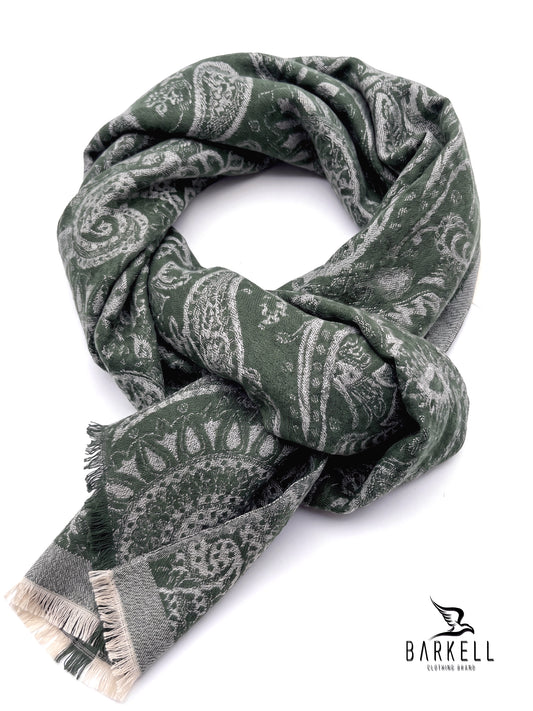 Sciarpa in Lana e Poliviscosa Fantasia Jacquard Paisley Fondo Verde