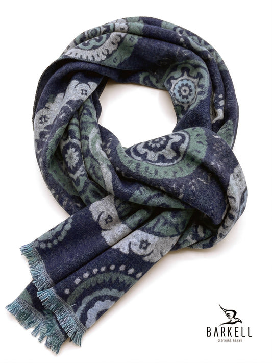 Sciarpa in Lana e Poliviscosa Fantasia Jacquard Geometrica Fondo Blu