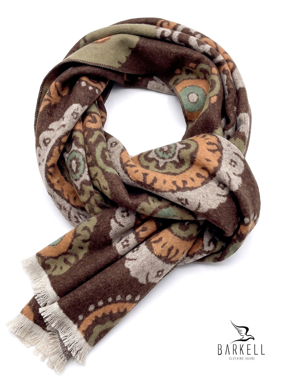Sciarpa in Poliviscosa Effetto Lana Fantasia Jacquard Geometrica Fondo Marrone