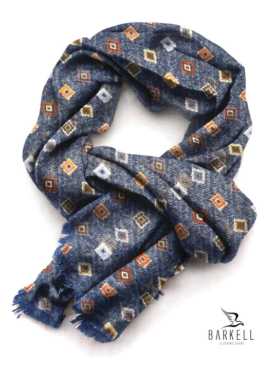 Sciarpa in Pura Lana di Alta Qualità Fantasia Rombi Multicolore Fondo Blu Jeans