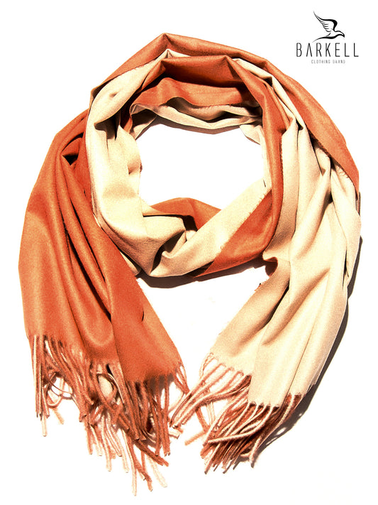 Sciarpa in Lana e 15% di Cashmere di Alta Qualità Bicolore Arancio e Beige