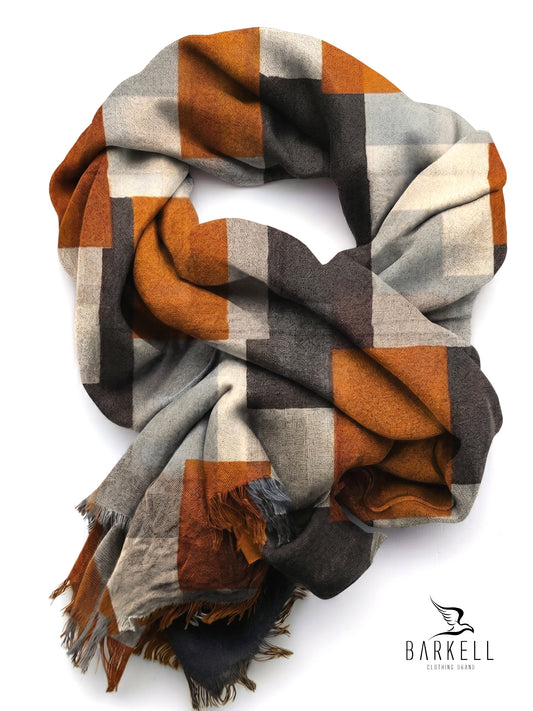 Echarpe en Pure Laine de Haute Qualité à Motif Géométrique Multicolore sur Fond Marron