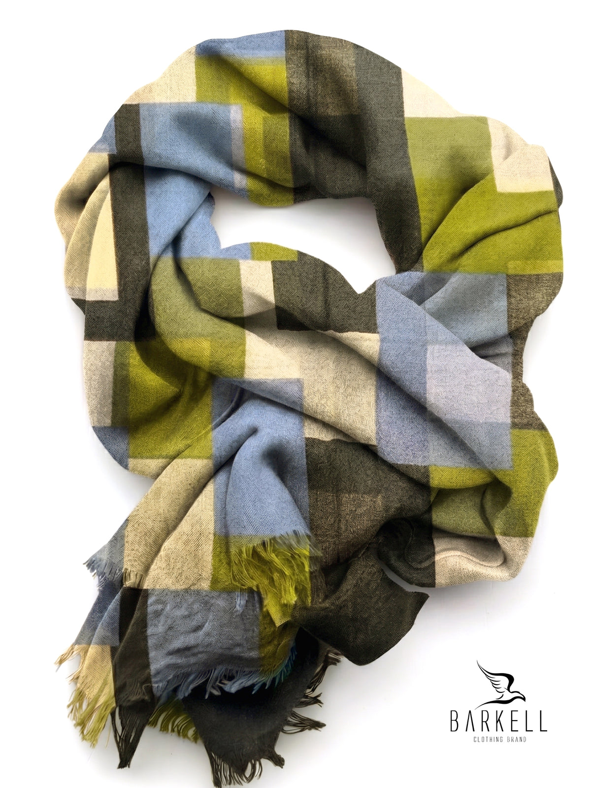 Scarf in High Quality Pure Wool with Multicolored Geometric Pattern on Green Background