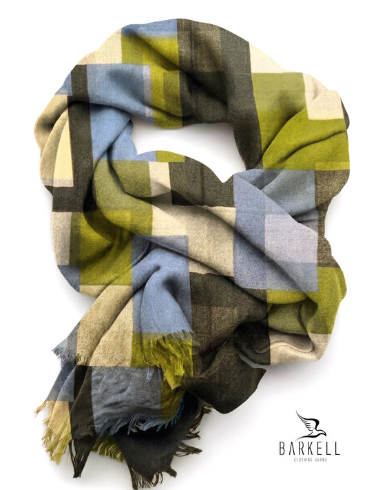 Écharpe en Pure Laine de Haute Qualité à Motif Géométrique Multicolore sur Fond Vert