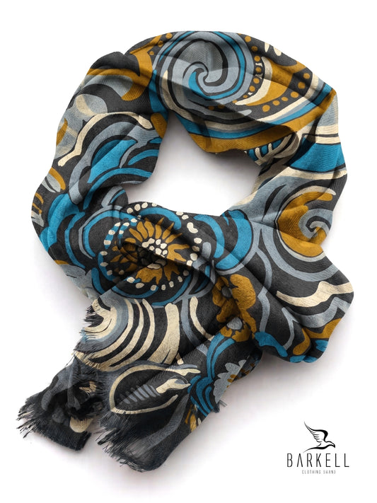 Écharpe en Pure Laine de Haute Qualité à Motif Paisley Multicolore sur Fond Bleu