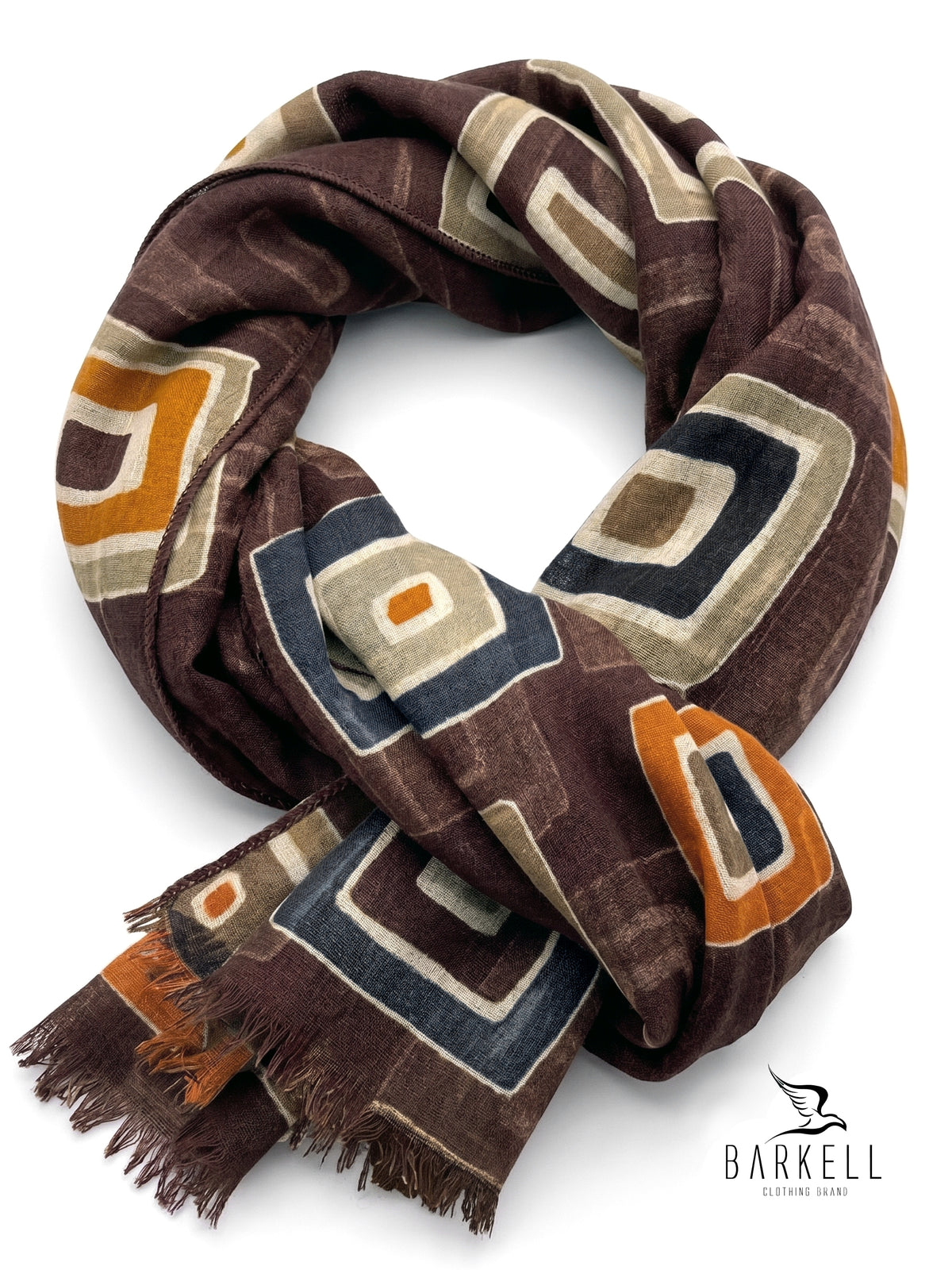 Scarf in High Quality Pure Wool with Multicolored Geometric Pattern on Brown Background