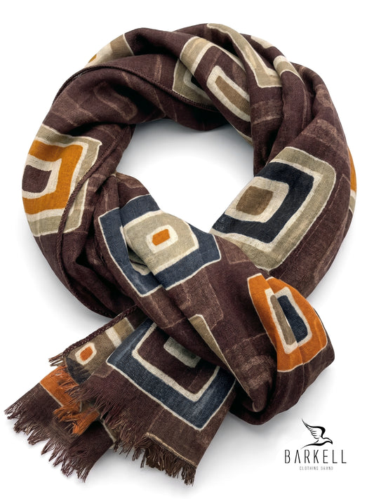 Echarpe en Pure Laine de Haute Qualité à Motif Géométrique Multicolore sur Fond Marron