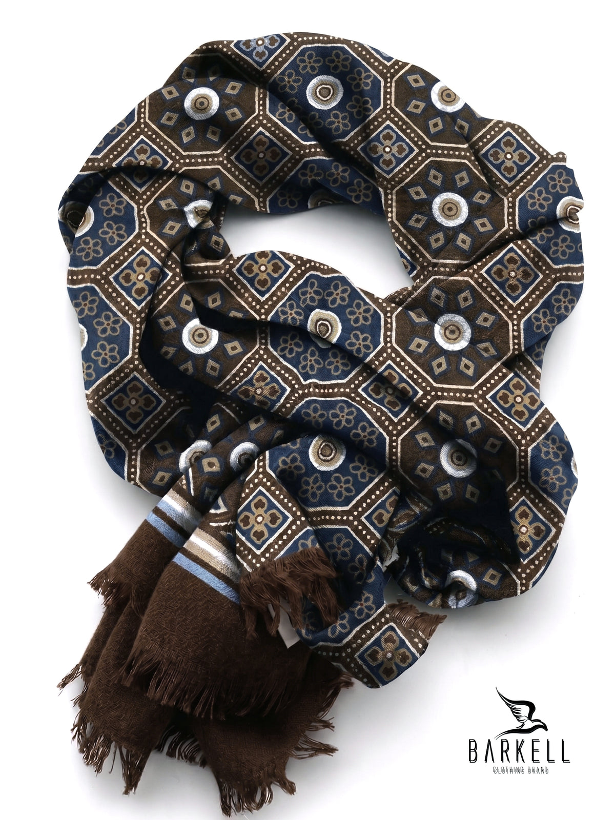 Scarf in High Quality Pure Wool with Multicolored Geometric Pattern on Brown Background
