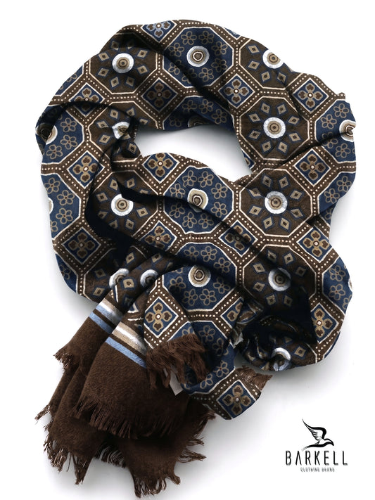Echarpe en Pure Laine de Haute Qualité à Motif Géométrique Multicolore sur Fond Marron