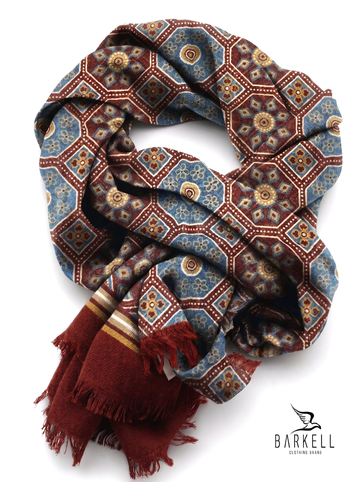 Scarf in High Quality Pure Wool with Multicolored Geometric Pattern on Burgundy Background